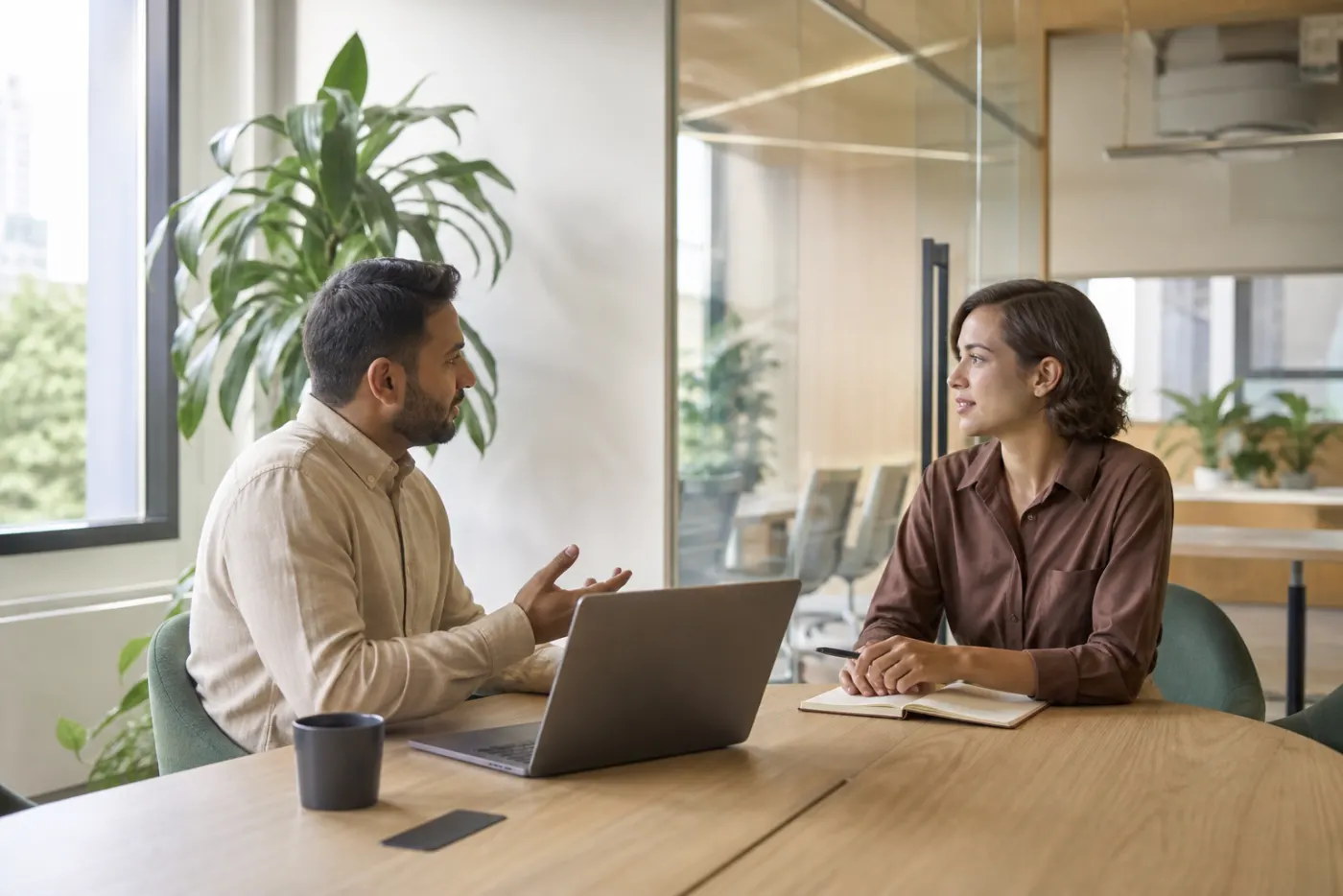 Two professionals in a discovery call after preparing with research