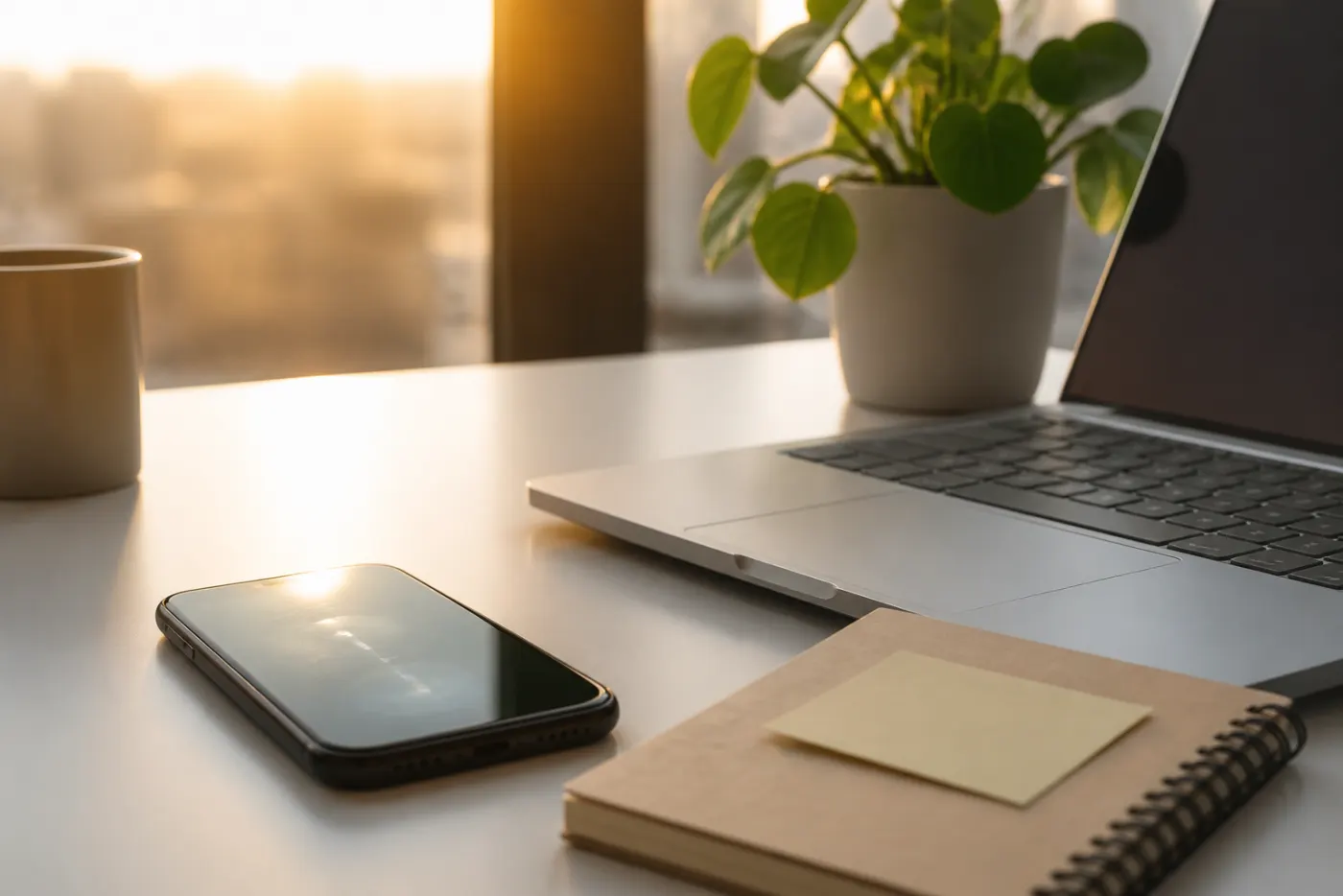 A desk with phone and laptop ready to pick up follow-ups from your contact list